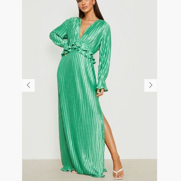 Pleated Plunge Green Ruffle detail maxi Dress size 4 - Picture 1 of 5